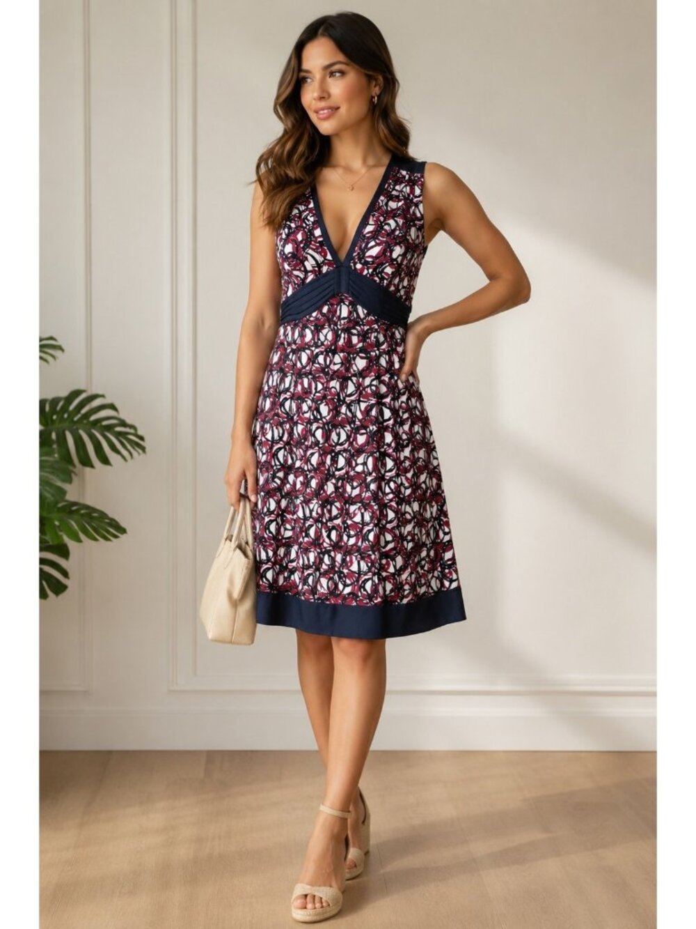 100% SILK Badgley Mischka Midi Dress   V-Neck Small Sleeveless Empire Waist